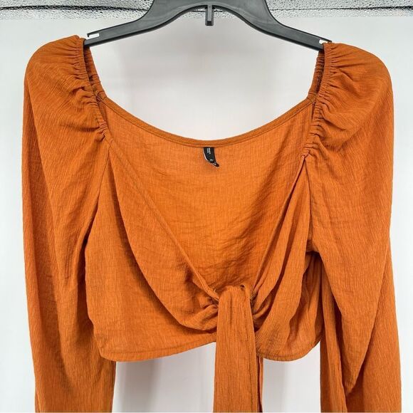 Zaful Women’s Orange Square Neckline Tie-Front Long Sleeve Cropped Top Medium - Picture 4 of 11